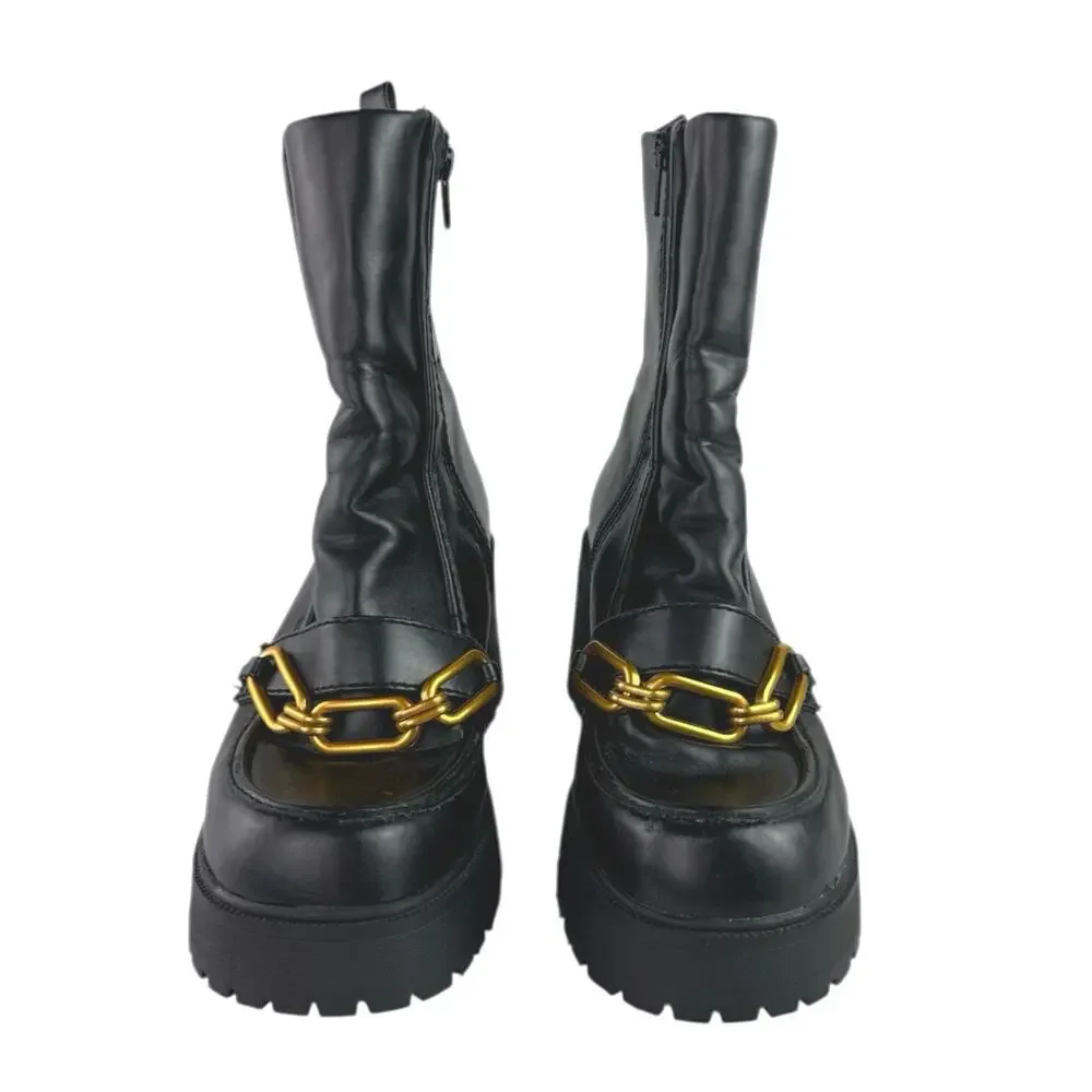 Asos Rani Women's Black Leather Zip Chain Chunky Platform Block Heels Boots Sz 8